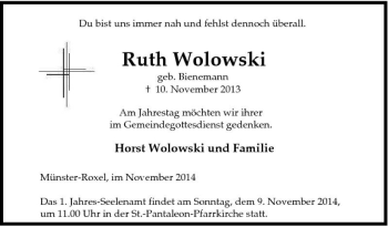 Traueranzeige von Ruth Wolowski von Tageszeitung